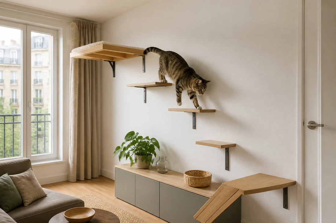 Chat utilisant un parcours mural progressif dans un petit appartement au sol dégagé