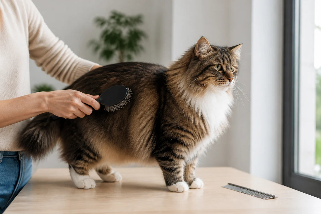 Brossage doux d'un chat à poils longs pendant la période de mue