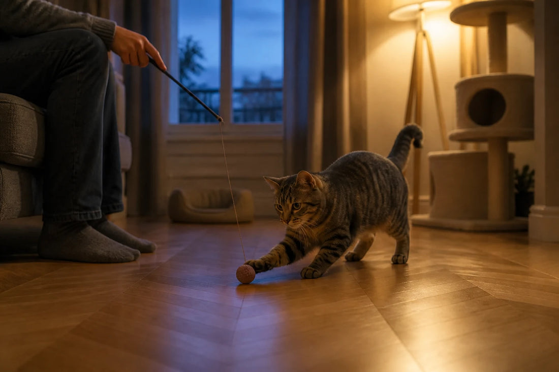 Chat jouant calmement dans un salon en début de soirée avant le coucher.