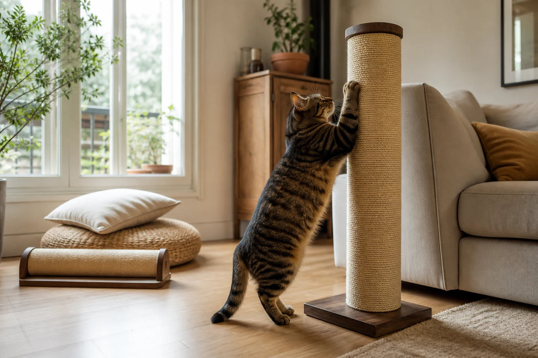 Chat utilisant un griffoir vertical, avec un modèle horizontal près de son couchage
