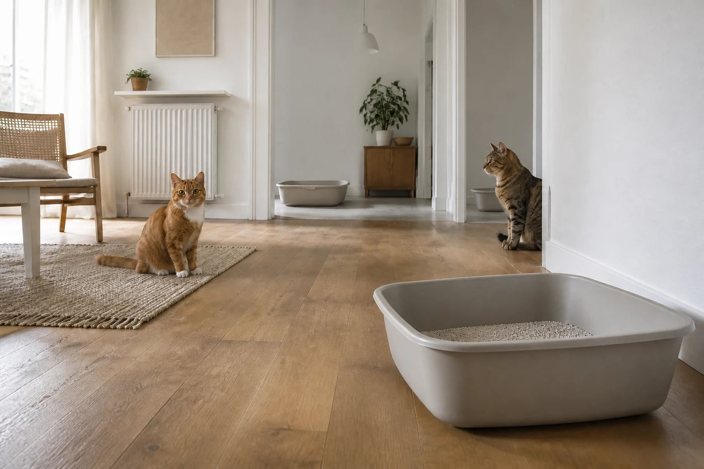Deux chats dans un intérieur avec trois bacs à litière répartis dans des zones distinctes.
