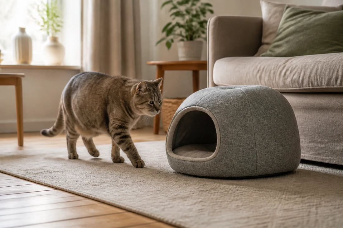 Chat senior rejoignant un couchage bas et stable près d’un canapé