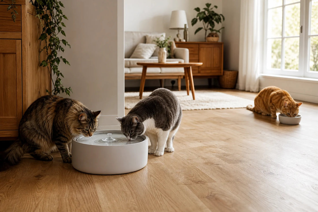 Trois chats disposent d’une fontaine et d’un bol d’eau séparé dans une pièce calme.