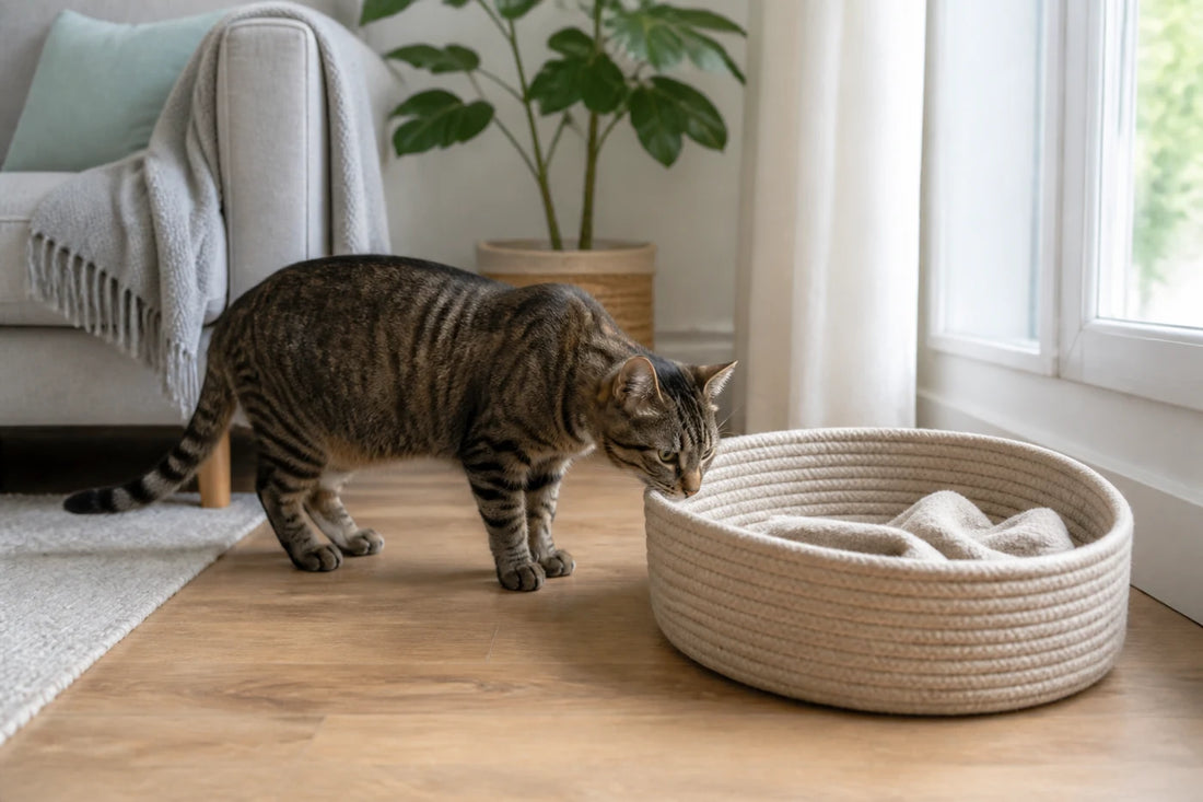 Chat reniflant librement un nouveau panier installé dans un coin calme