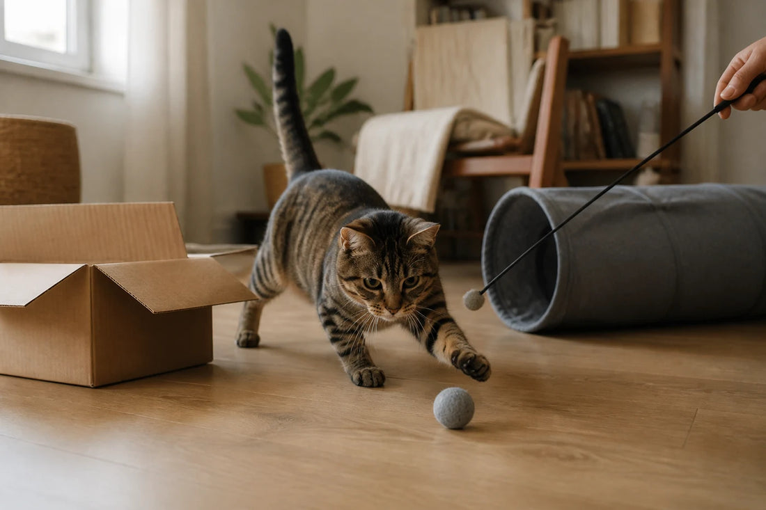 Chat d’intérieur jouant dans un espace dégagé avec plusieurs types de jouets génériques.