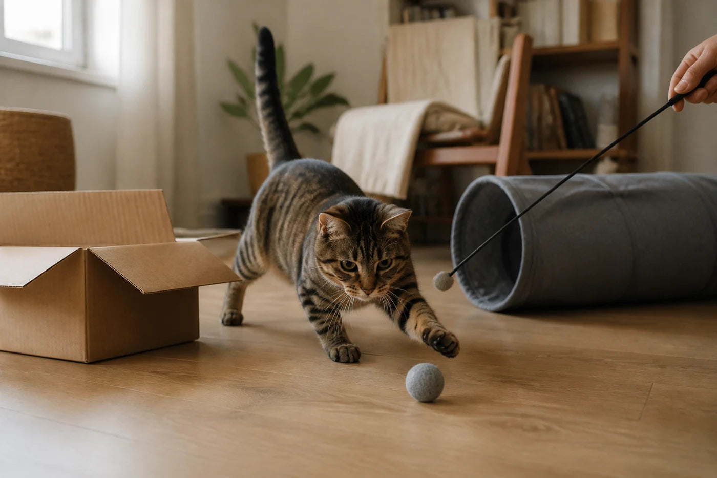 Chat d’intérieur jouant dans un espace dégagé avec plusieurs types de jouets génériques.