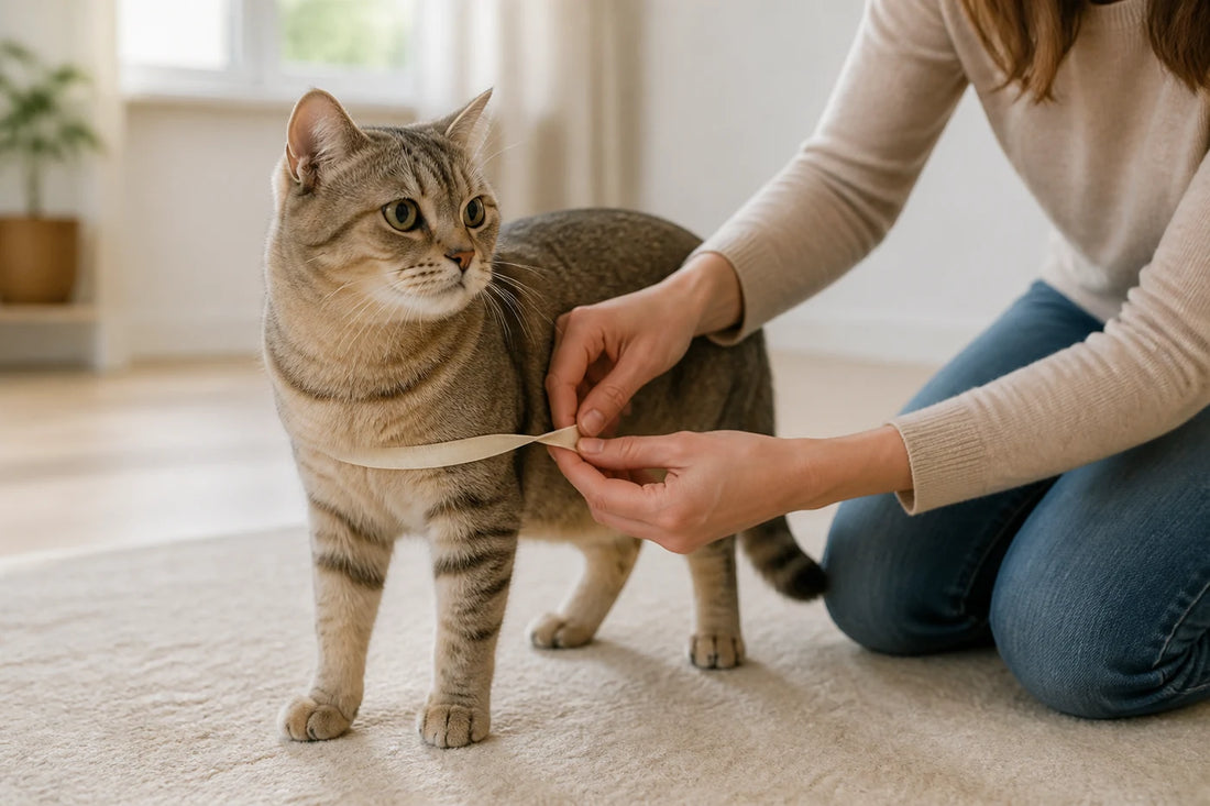 Une personne mesure le tour de poitrine d’un chat debout avec un mètre ruban souple.