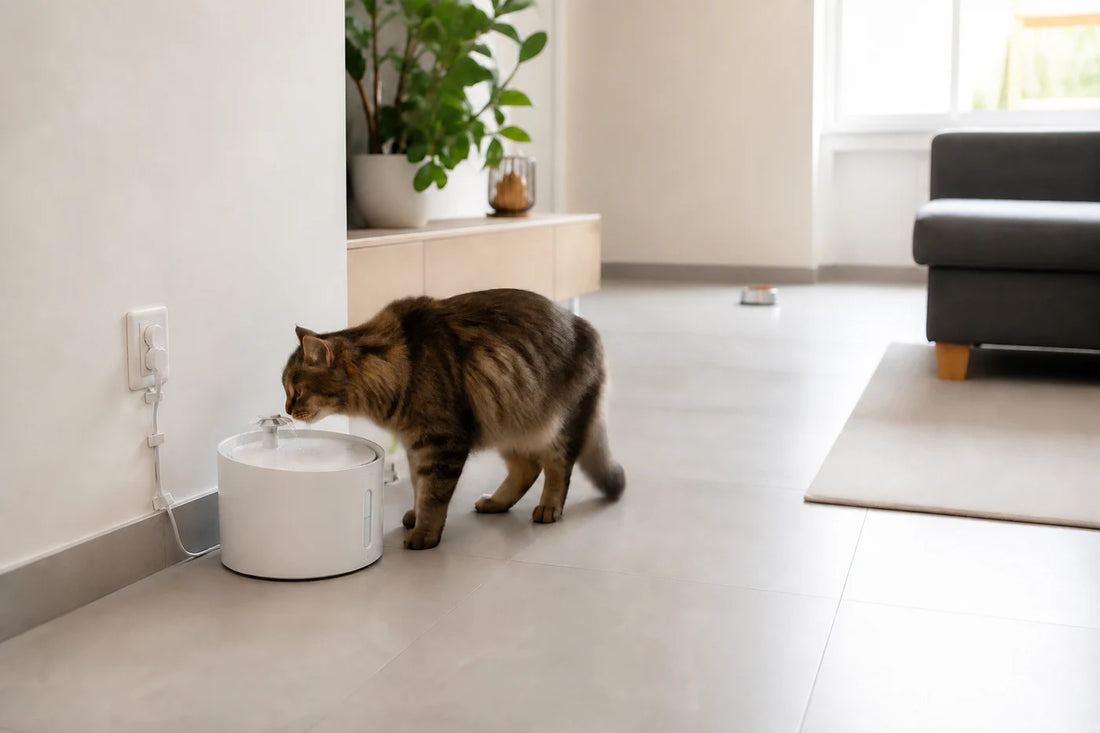 Chat s’approchant d’une fontaine à eau placée dans un coin calme et dégagé du séjour