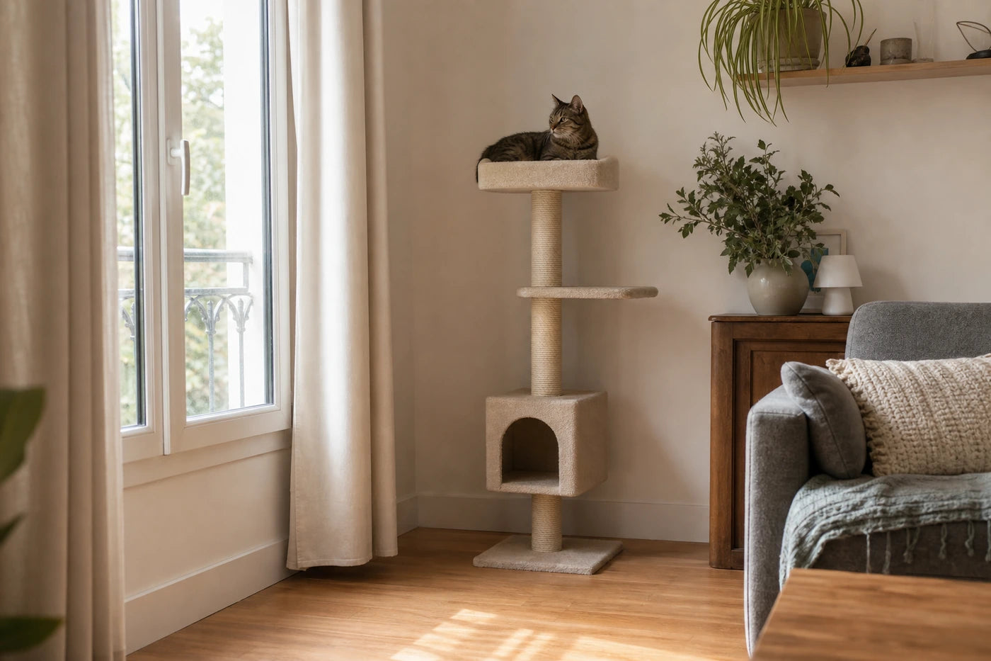 Chat installé sur un arbre à chat stable placé dans un angle calme du salon