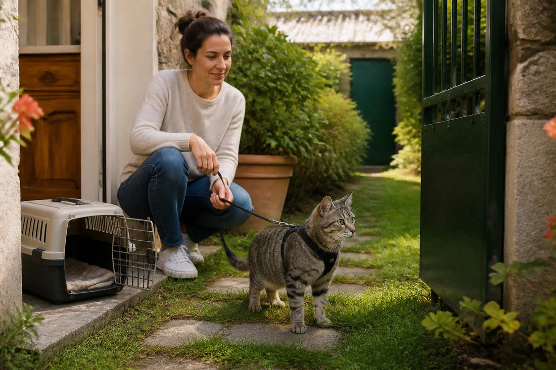 Chat calme en harnais au seuil d’un jardin, accompagné d’une personne et avec sa caisse de transport à proximité