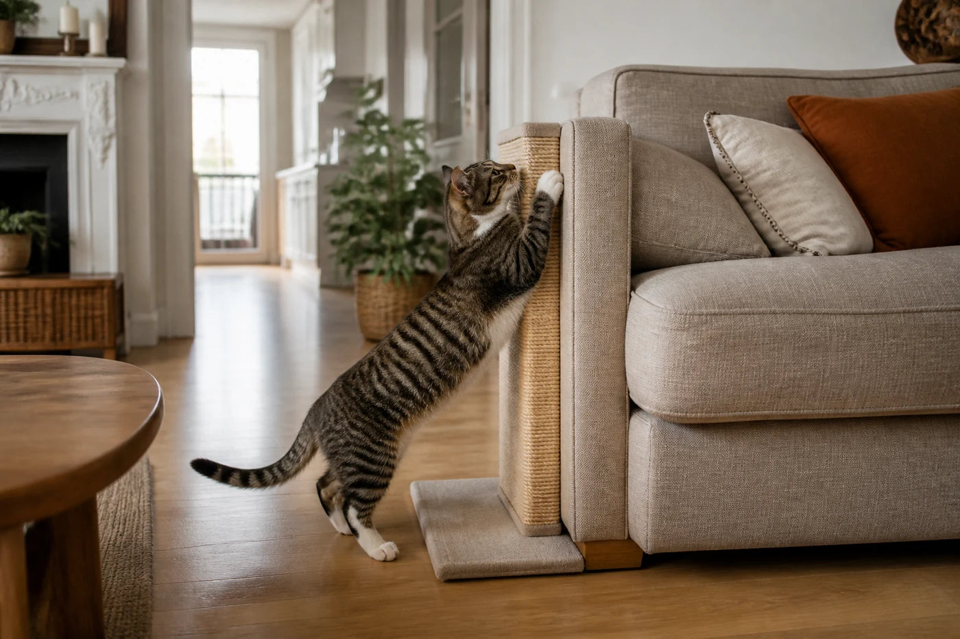 Chat utilisant un griffoir vertical stable placé contre l’angle protégé d’un canapé