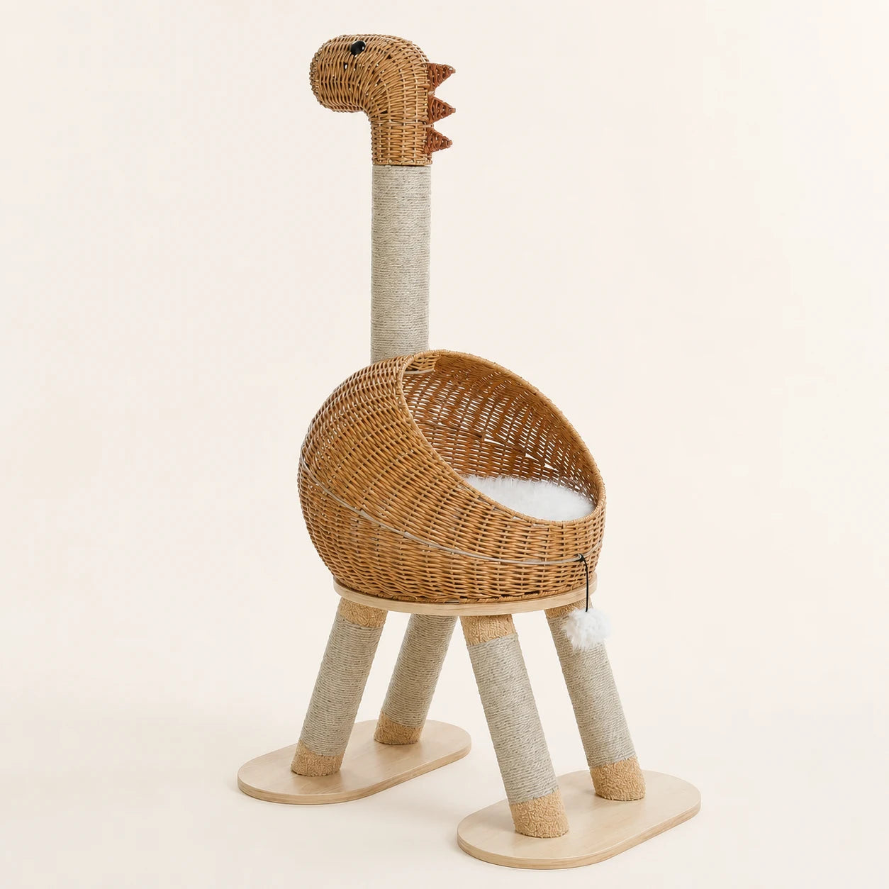 Arbre à chat dinosaure avec panier tressé et poteaux en sisal
