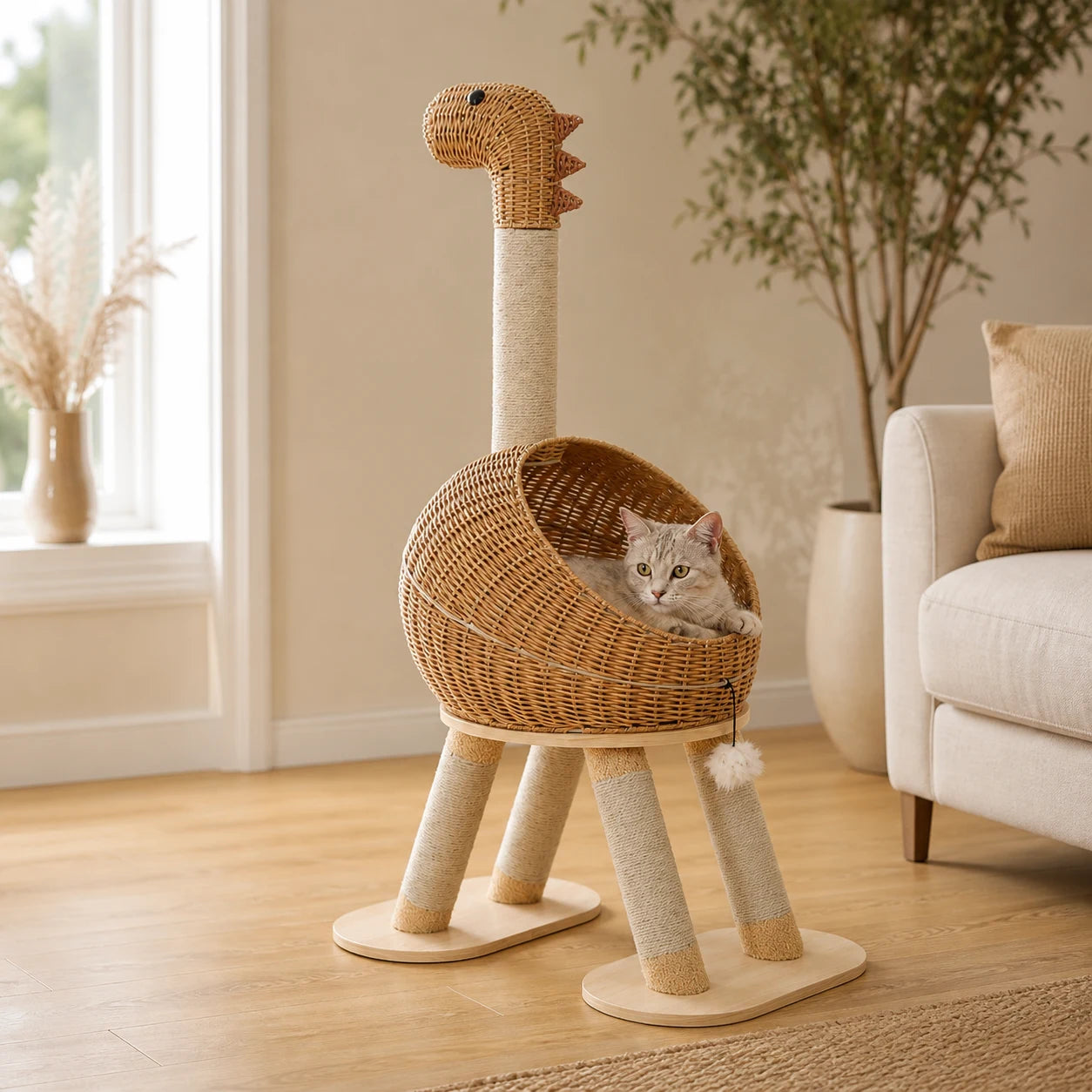 Chat installé dans le panier tressé de l'arbre à chat dinosaure