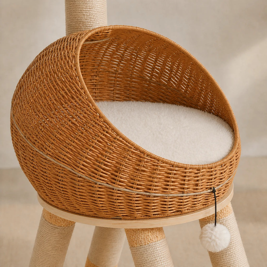 Détail du panier tressé et de son tapis blanc amovible