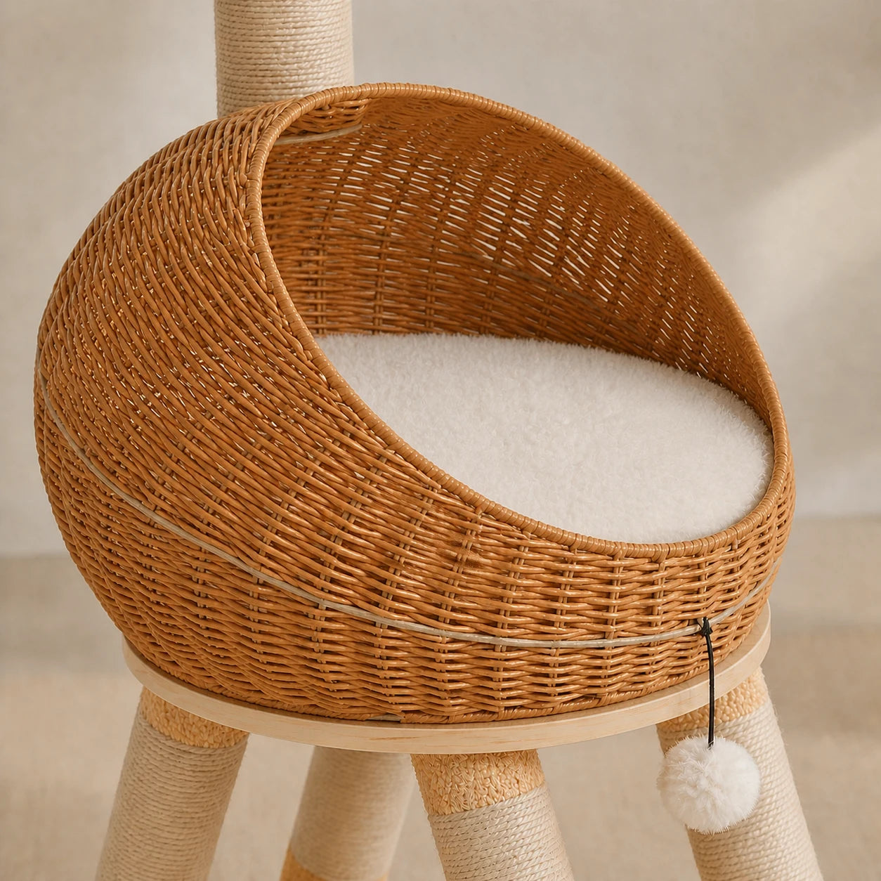 Détail du panier tressé et de son tapis blanc amovible