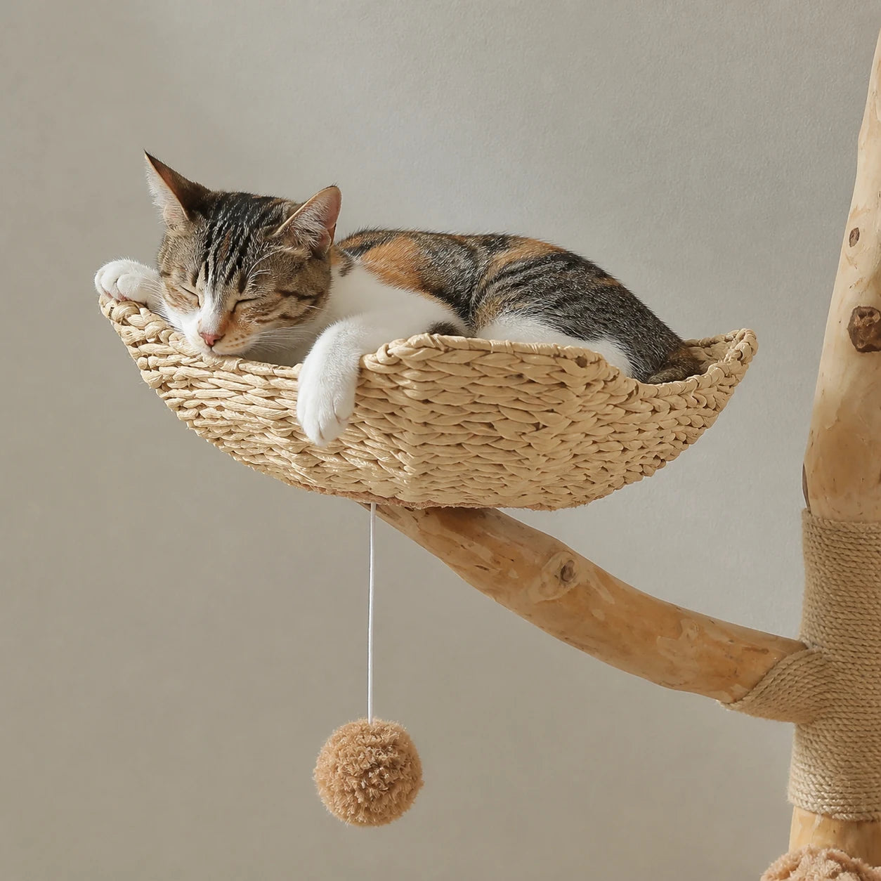 Chat endormi dans un panier en rotin de l’arbre à chat en bois