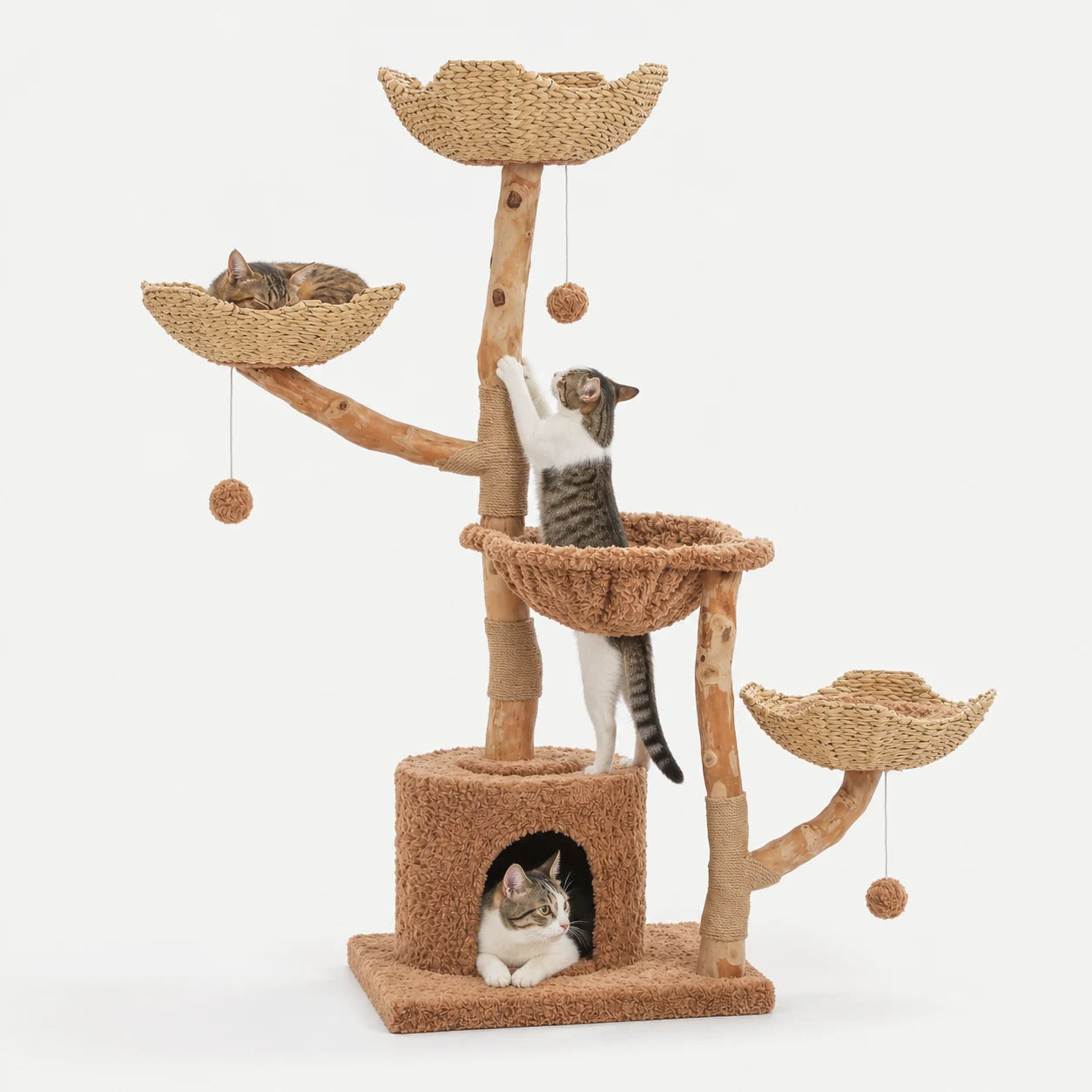 Arbre à chat en bois modèle Rotin naturel avec trois paniers et quatre chats