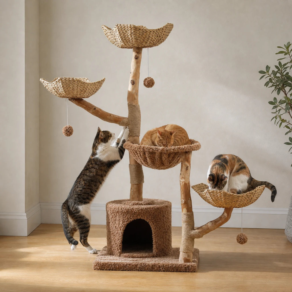 Chats utilisant l’arbre à chat en rotin pour dormir, grimper et faire leurs griffes
