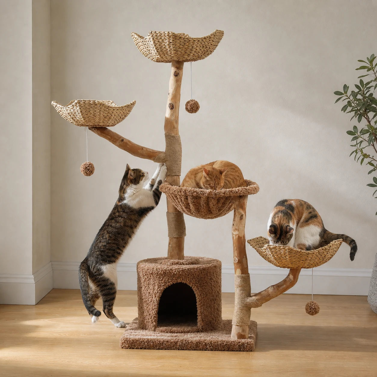 Chats utilisant l’arbre à chat en rotin pour dormir, grimper et faire leurs griffes