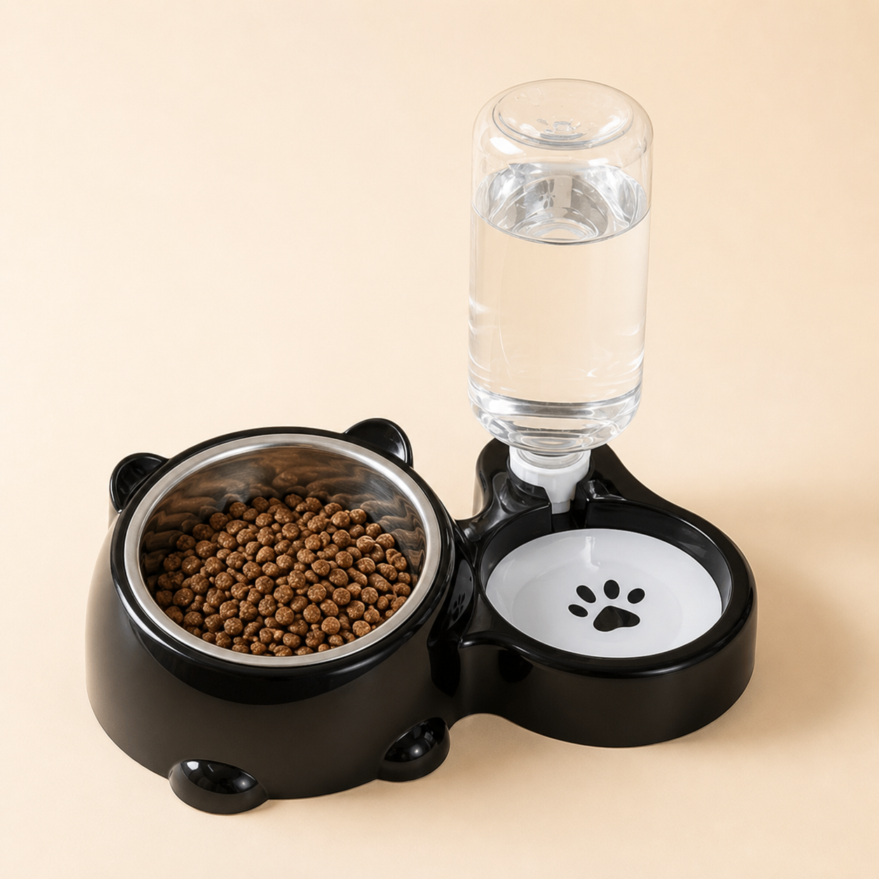 Station de croquettes et d’eau par gravité en noir