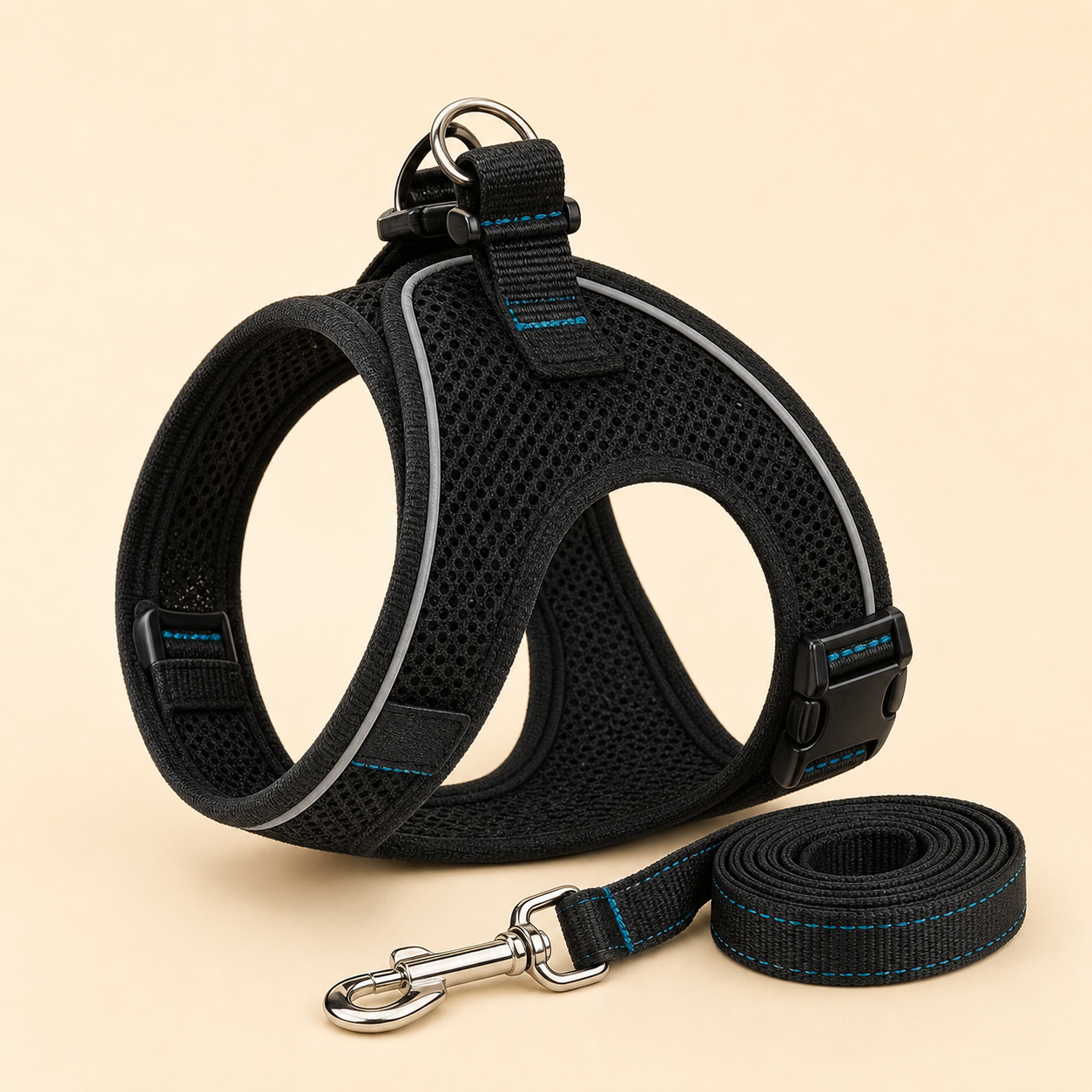 Harnais noir ajustable avec laisse pour chat