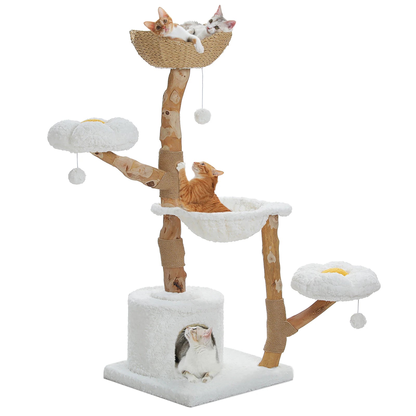 Arbre à chat en bois modèle blanc nuage avec paniers tressés