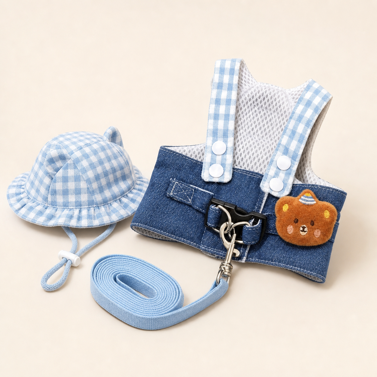 Harnais denim avec chapeau et laisse pour chat – 5 tailles — Ensemble bleu