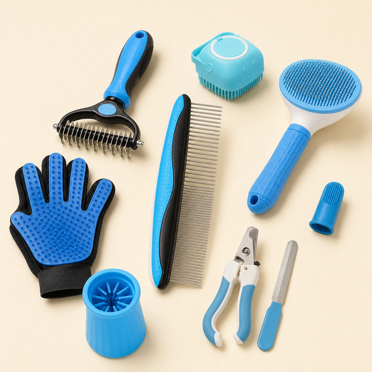 Kit bleu de toilettage 9 pièces pour chat