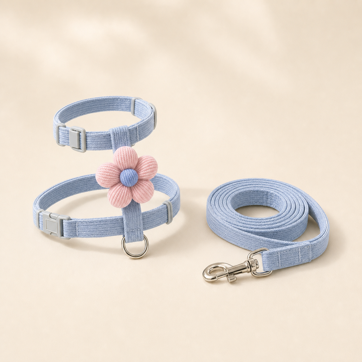 Harnais fleuri bleu avec laisse pour chat