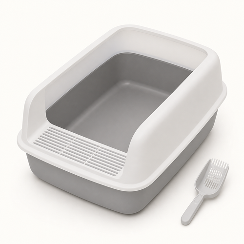 Bac à litière compact gris avec pelle