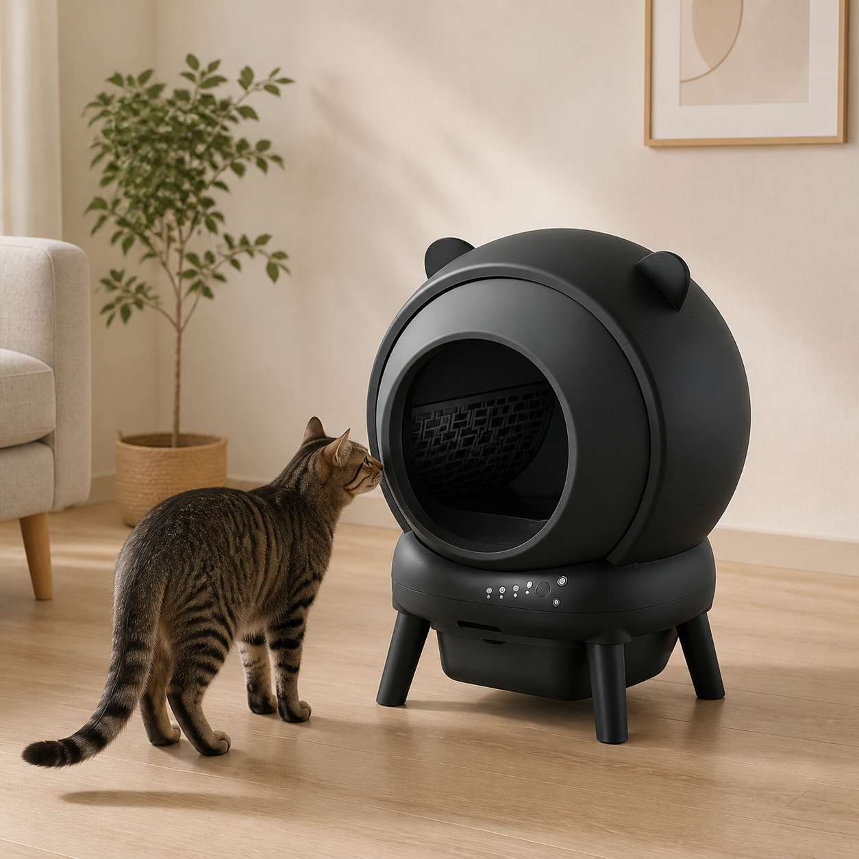Chat découvrant la litière automatique noire FEELNEEDY S20