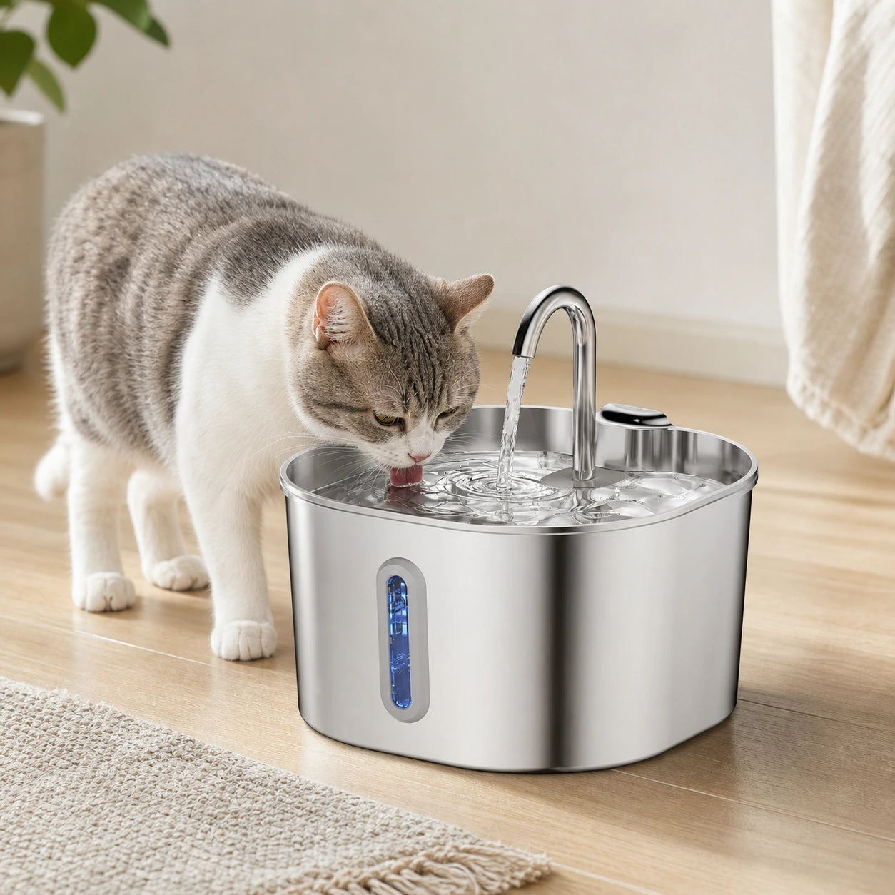 Chat buvant à la fontaine à eau en inox dans un intérieur lumineux