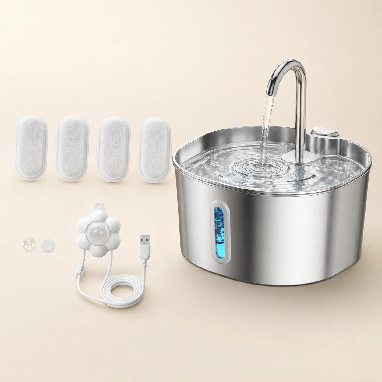 Fontaine à eau pour chat en inox avec capteur de mouvement et quatre filtres