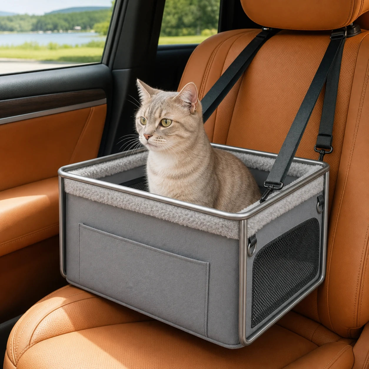 Siège auto pour chat avec structure renforcée utilisé par un chat