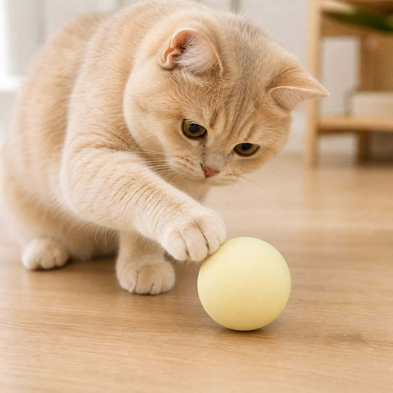 Balle sonore Eva jaune avec un chat