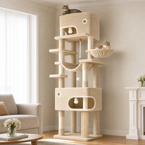 Arbre à chat beige 203 cm avec niches et hamac utilisé par un chat