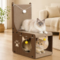 Griffoir chaise en carton avec tunnel utilisé par un chat