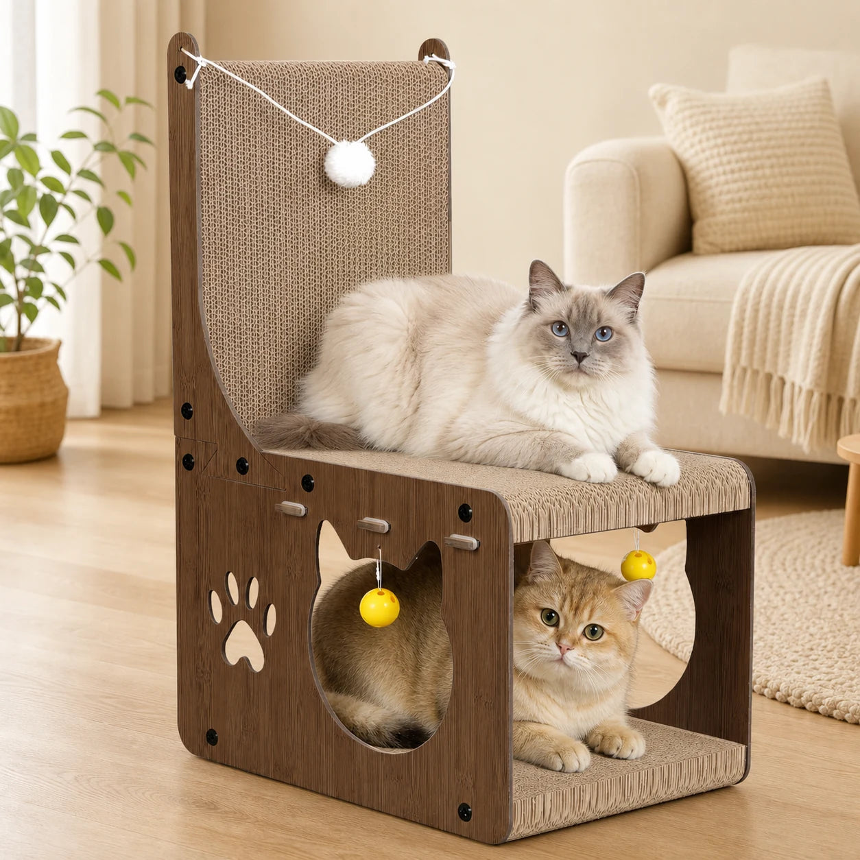 Griffoir chaise en carton avec tunnel utilisé par un chat