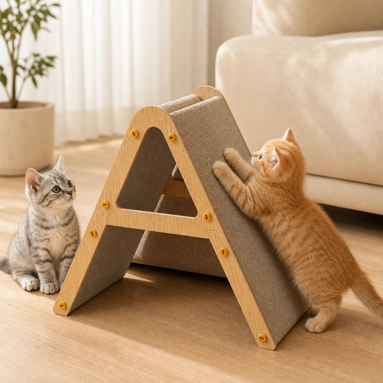 Griffoir triangulaire réversible pour chat utilisé par un chat