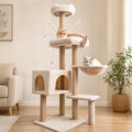 Arbre à chat beige 145 cm avec 5 niveaux utilisé par un chat