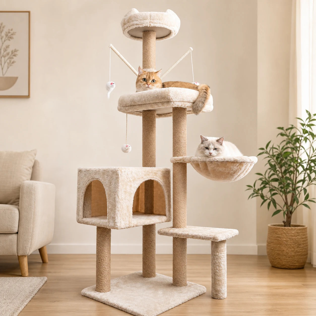 Arbre à chat beige 145 cm avec 5 niveaux utilisé par un chat