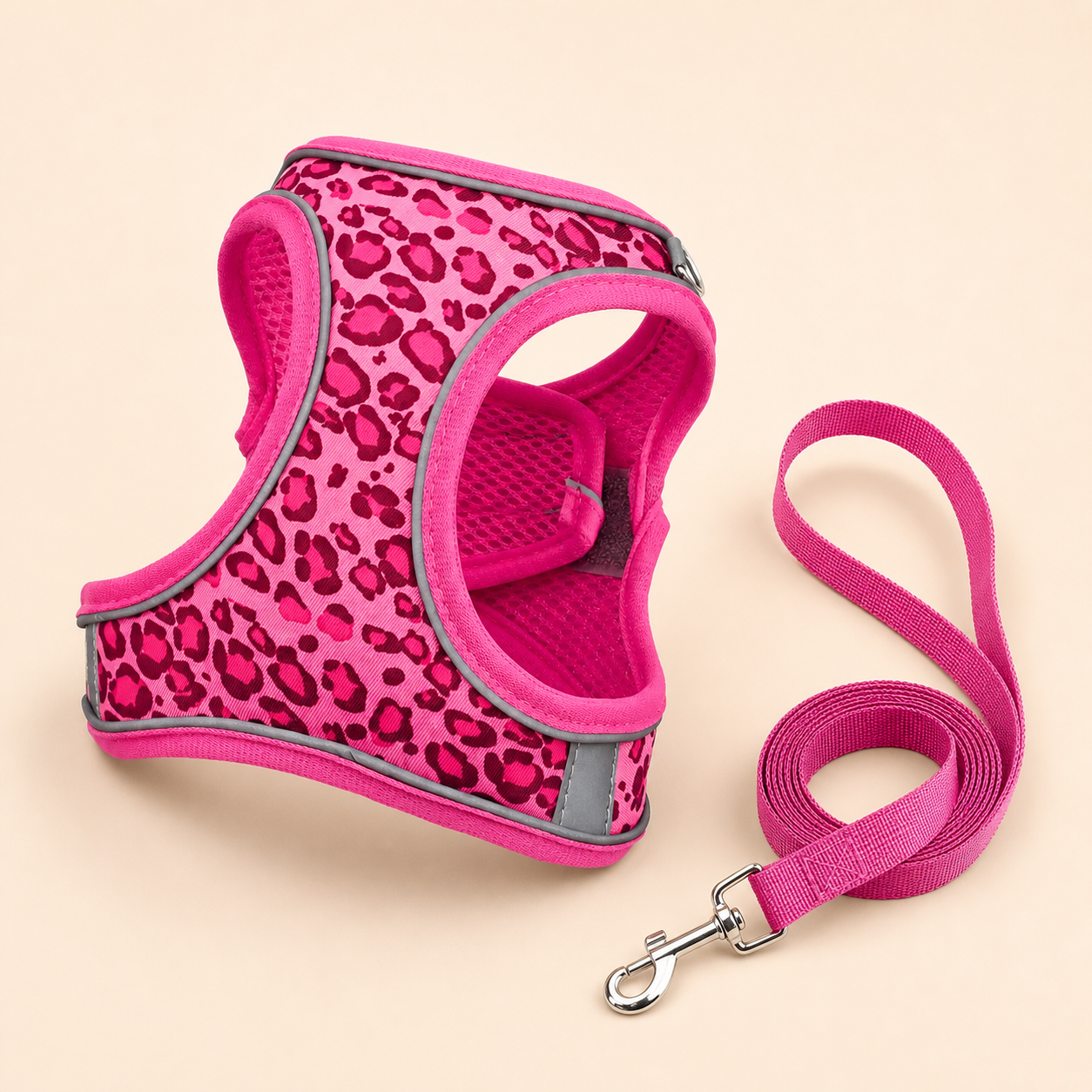 Harnais léopard rose avec laisse pour chat