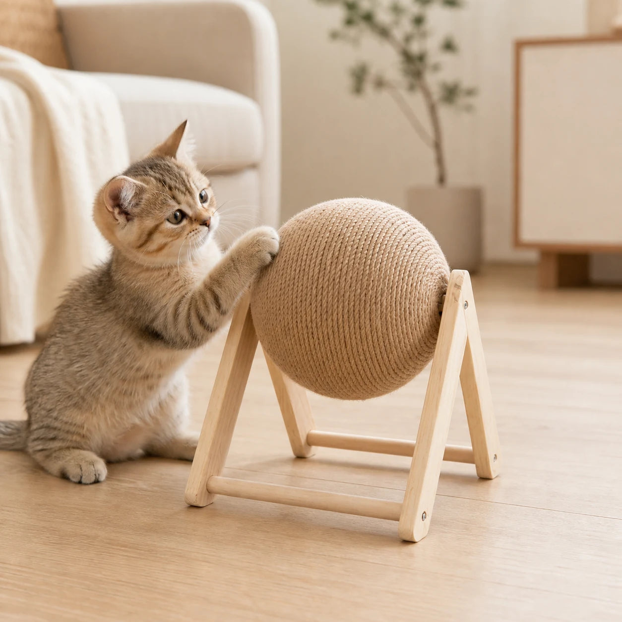 Petite balle griffoir en sisal avec un chaton