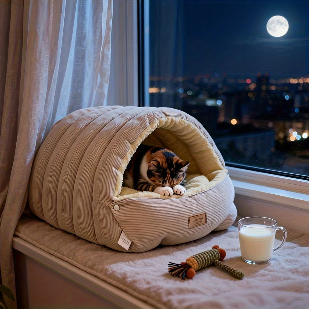Niche beige en velours côtelé pour chat
