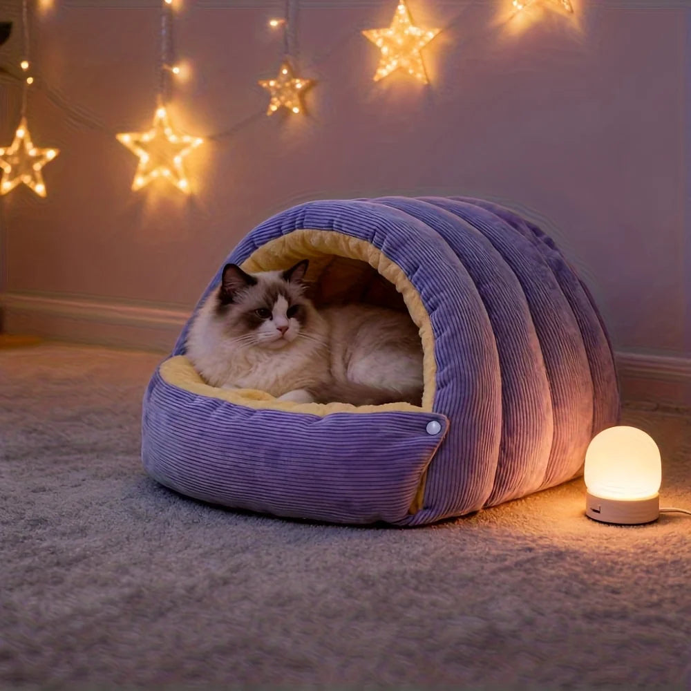 Niche violette en velours côtelé pour chat